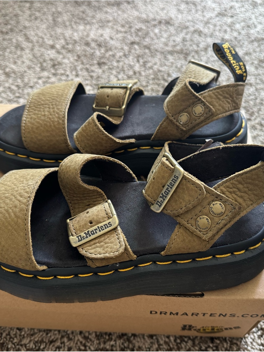 Dr. Martens Kids Olive Leather Platform Sandals with Yellow Stitching